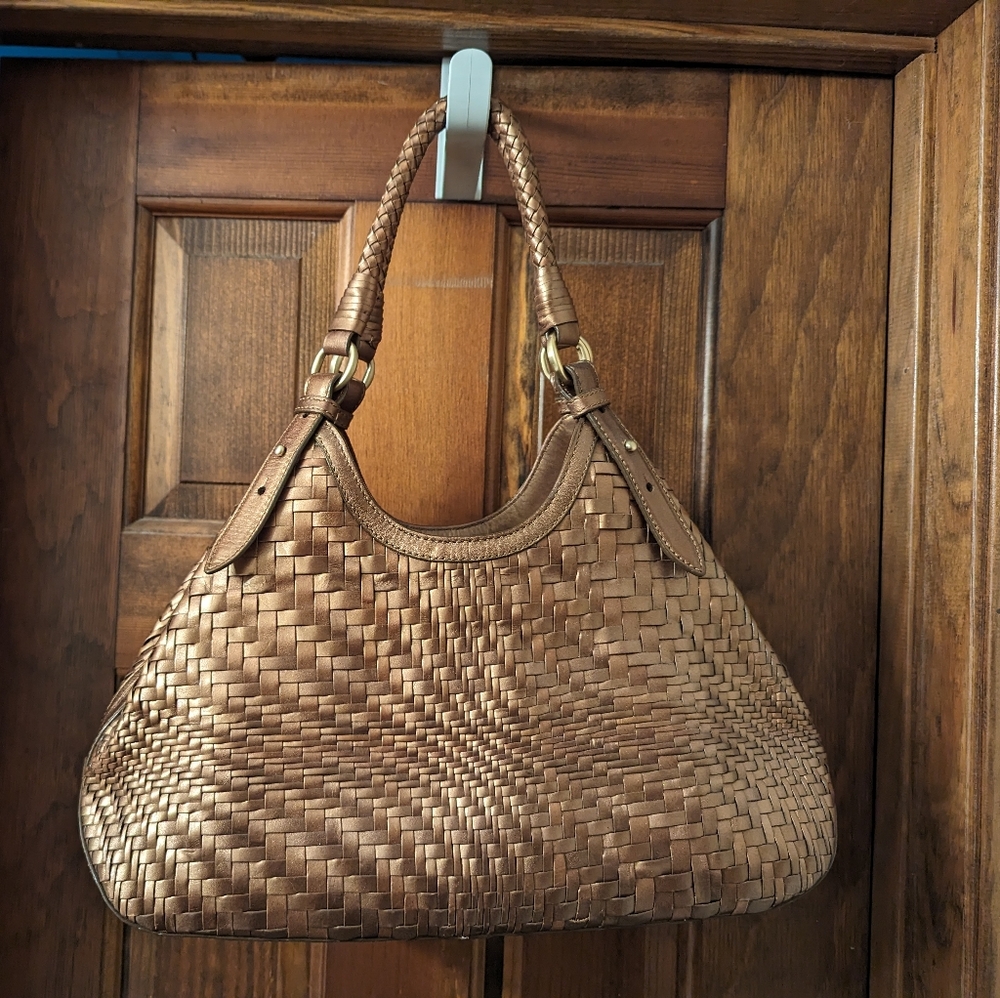 Stunning Cole Haan copper woven leather Genevieve triangle tote